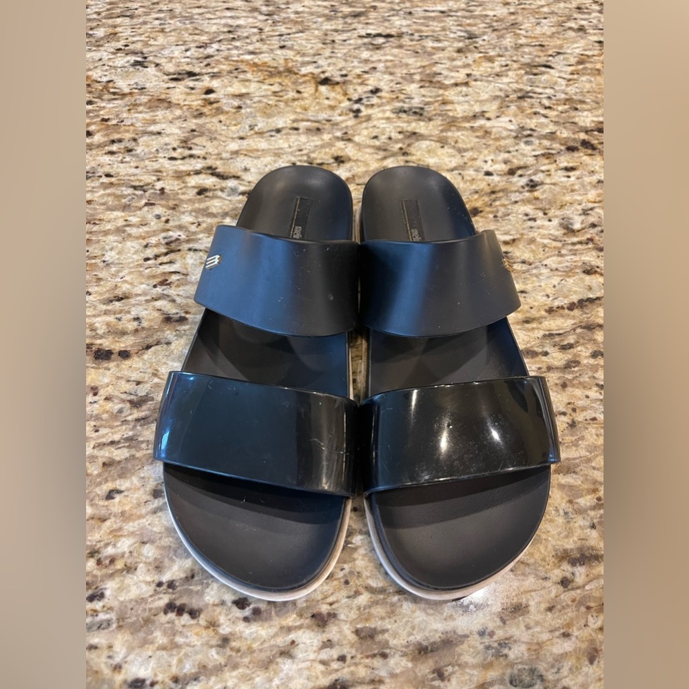 Melissa Cosmic Tortoise Shell Black Slides Women Size 9 Two Strap Sandals